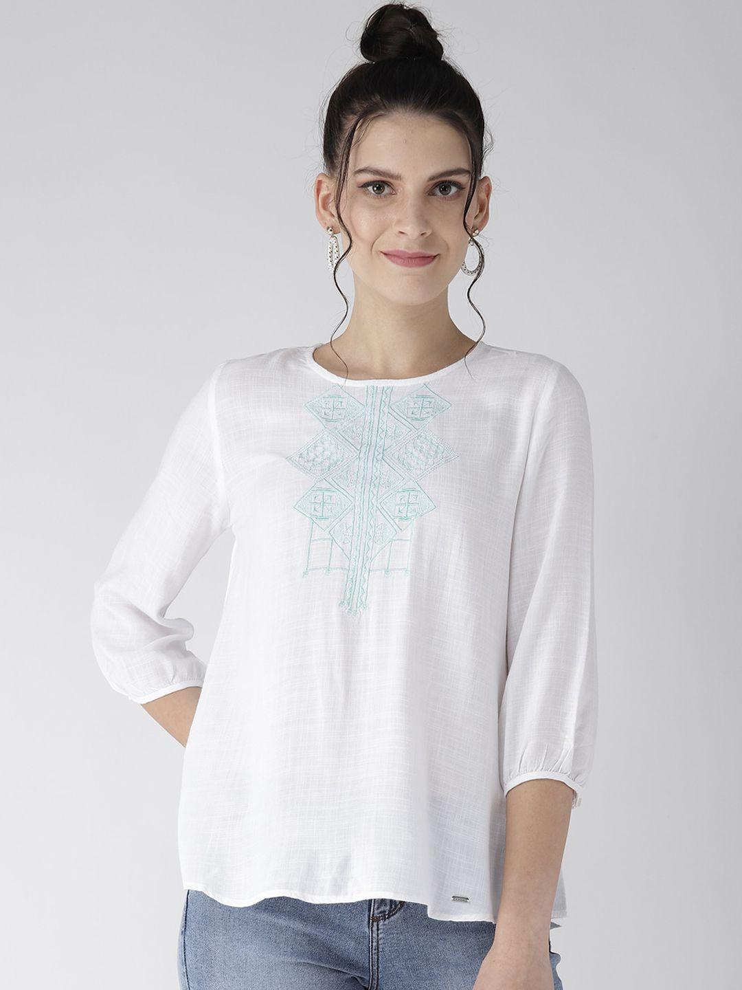 xpose-white-&-blue-geometric-embroidered-regular-top