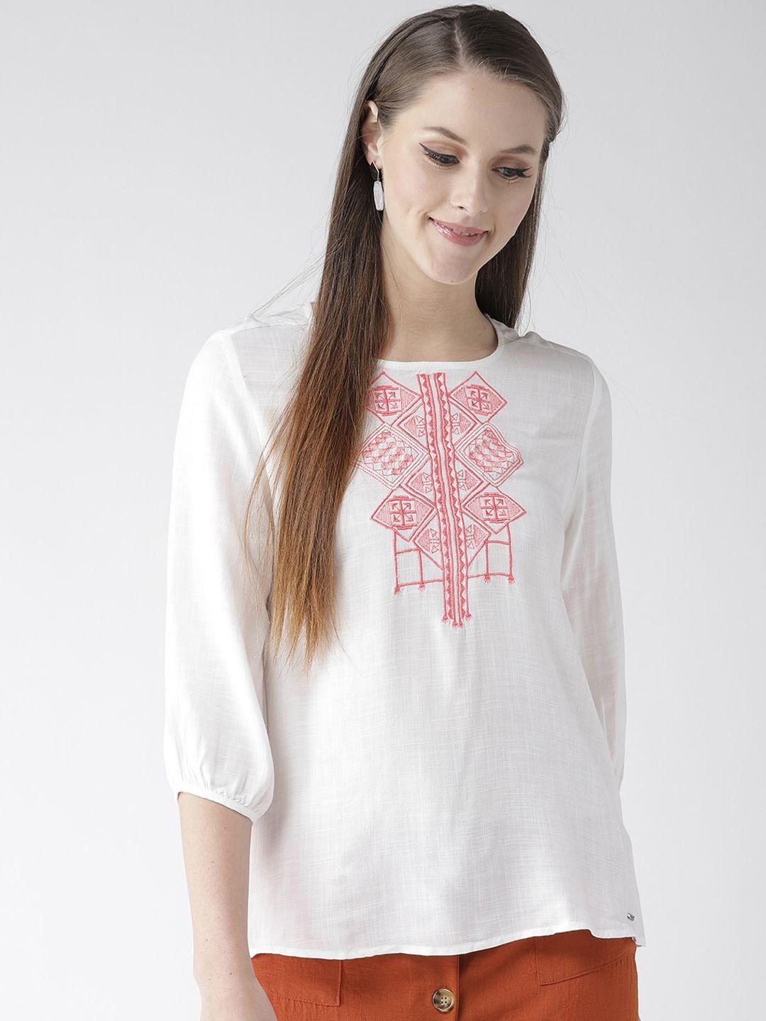 xpose-white-&-red-geometric-embroidered-a-line-top