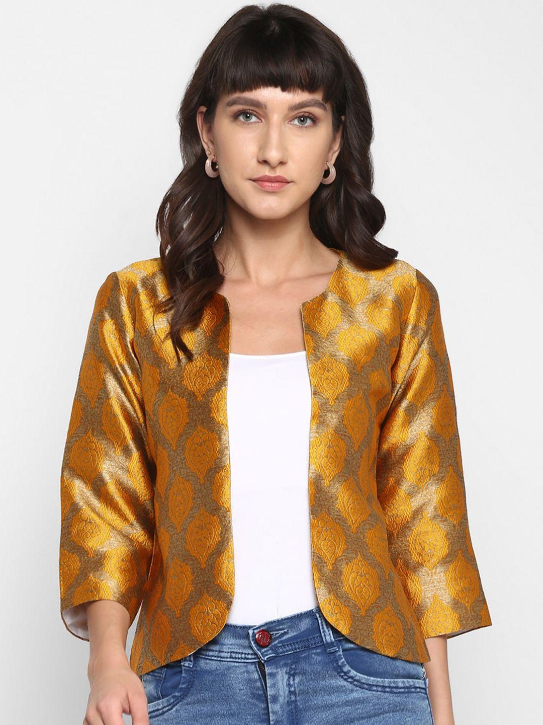 hangup-women-mustard-yellow-printed-lightweight-open-front-jacket