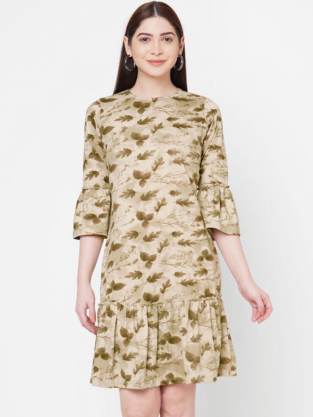 109f-women-beige-leaf-printed-a-line-dress