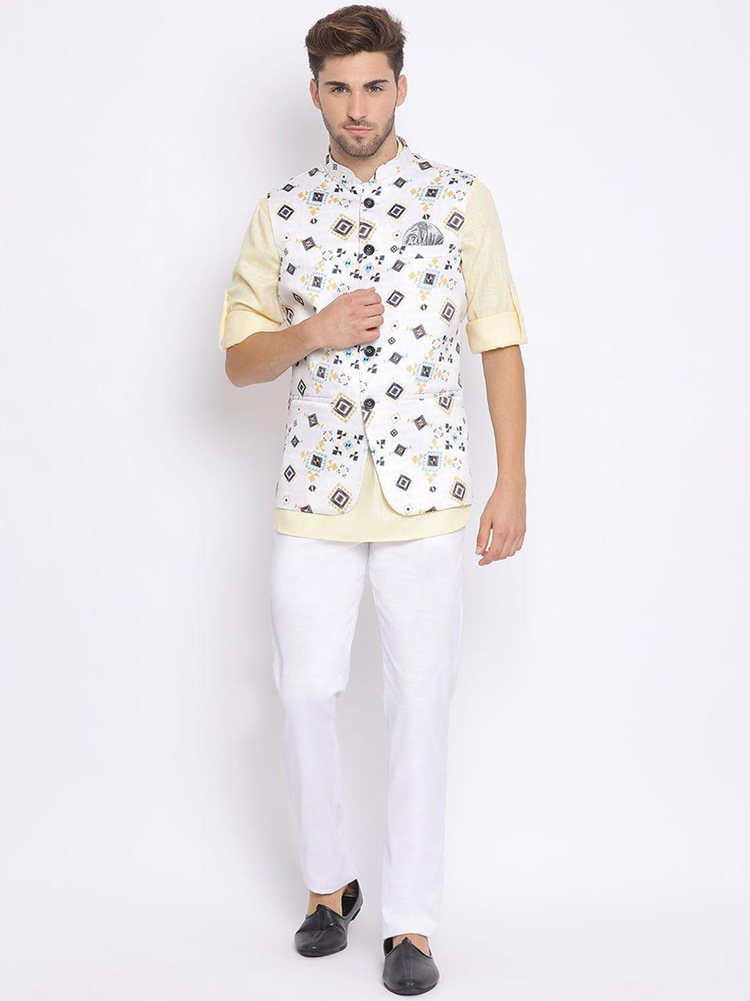 hangup-men-cream-coloured-&-white-solid-kurta-with-pyjamas-&-nehru-jacket