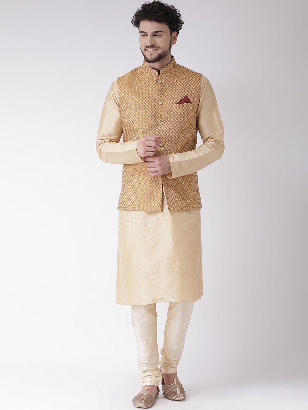 tabard-men-beige-&-gold-toned-solid-kurta-with-churidar-&-nehru-jacket