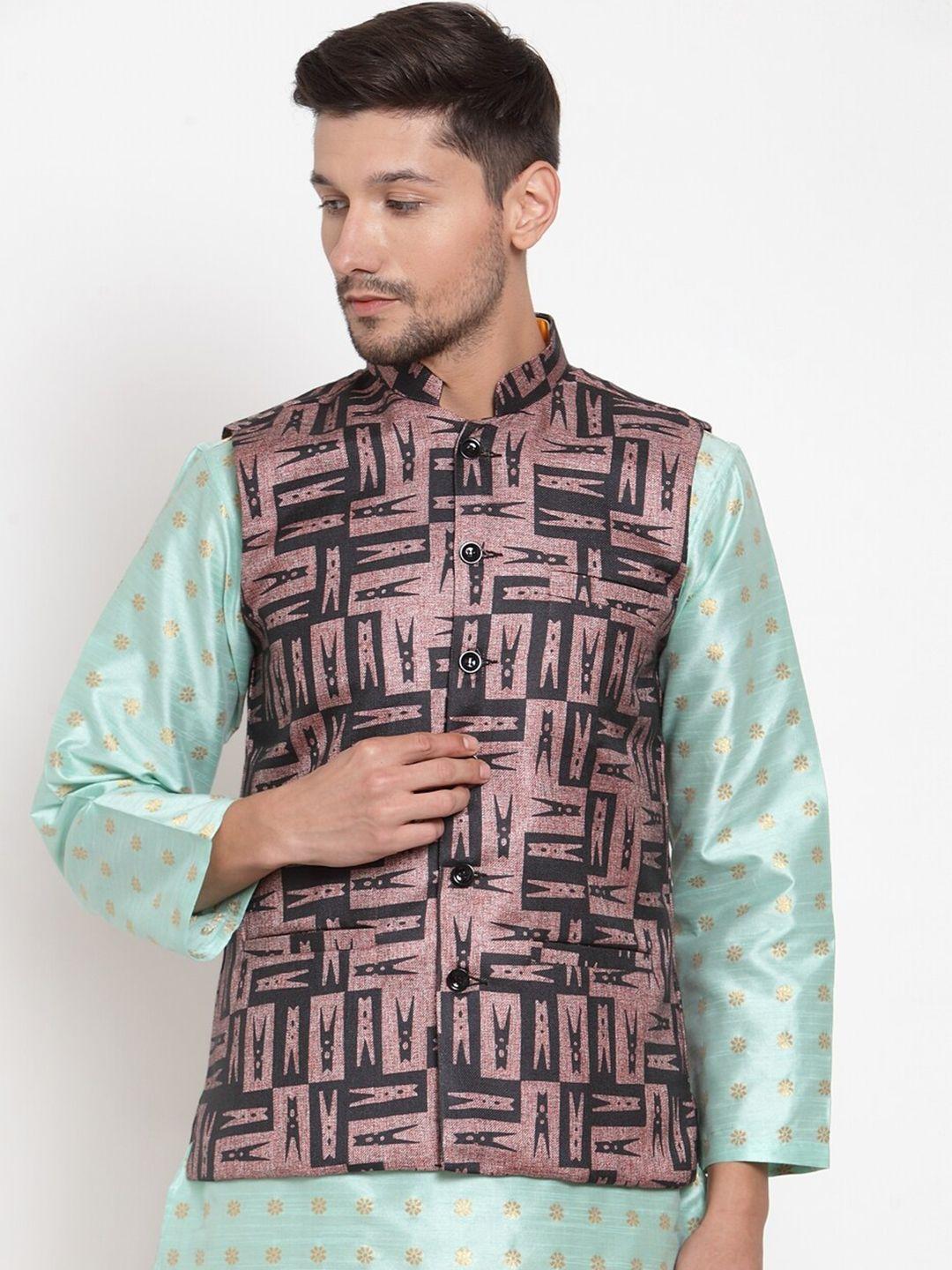 klotthe-men-brown-woven-design-wool-blend-nehru-jacket