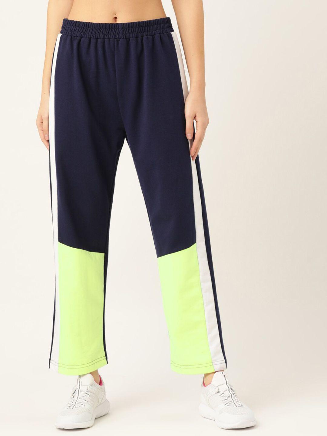 laabha-women-navy-blue-&-lime-green-colourblocked-staight-fit-track-pants
