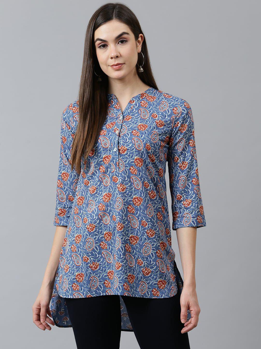 qomn-blue-printed-mandarin-collar-pure-cotton-high-low-top