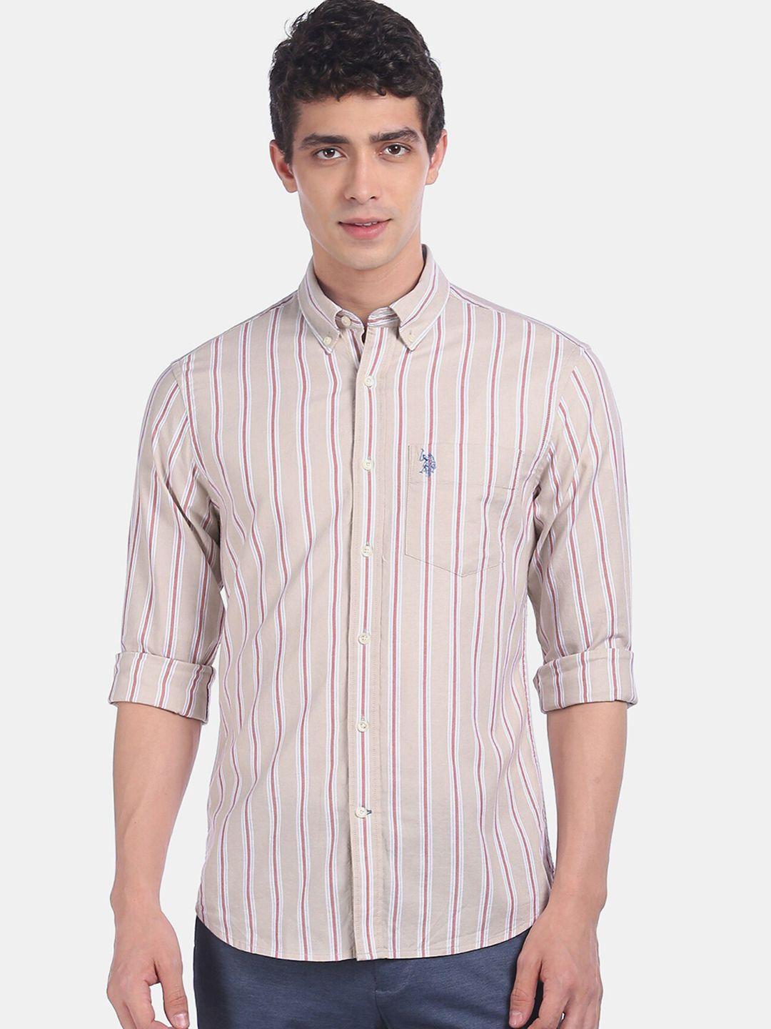 u.s.-polo-assn.-men-beige-&-white-regular-fit-striped-casual-shirt