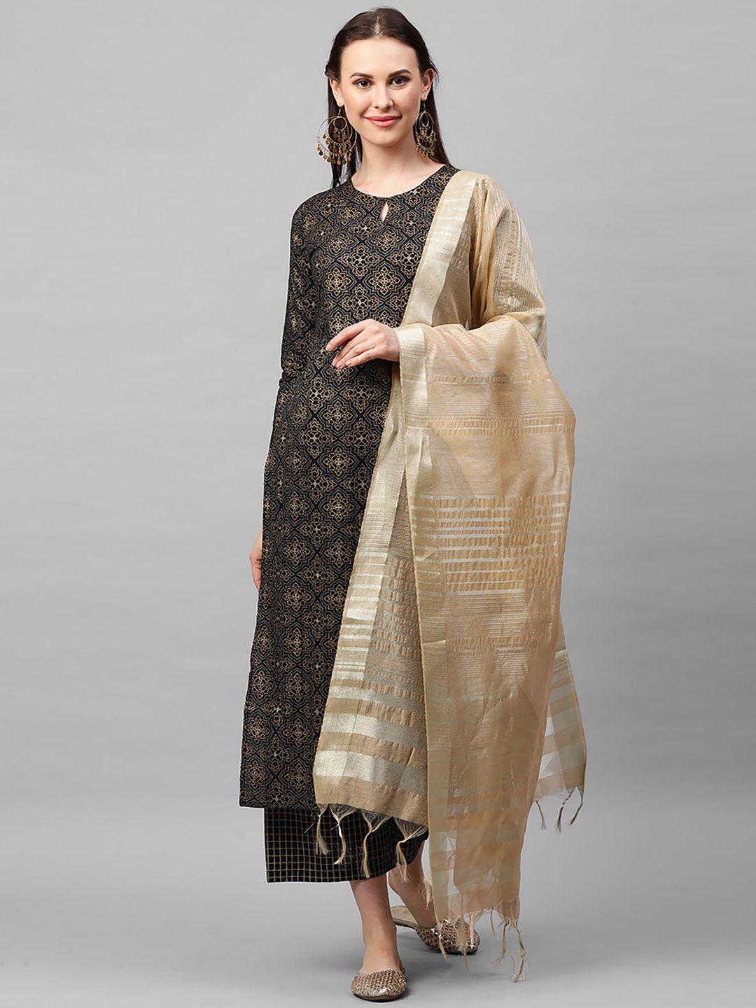 indo-era-women-black-foil-printed-straight-kurta-with-palazzo-dupatta-set