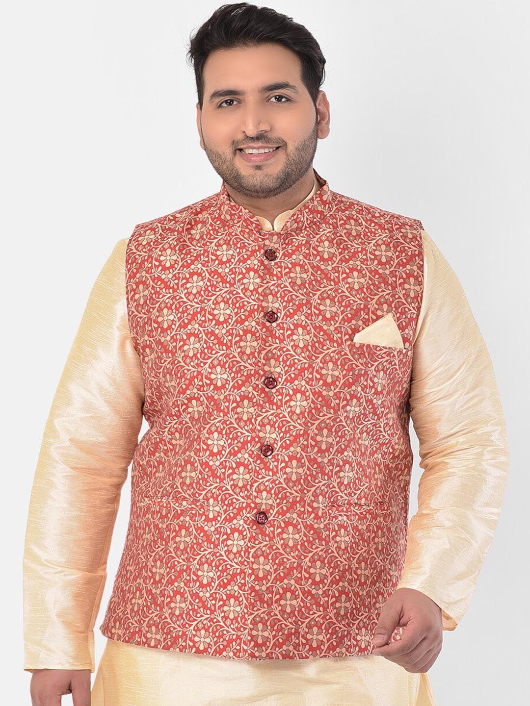 deyann-plus-men-red-&-cream-coloured-woven-design-jacquard-silk-nehru-jacket