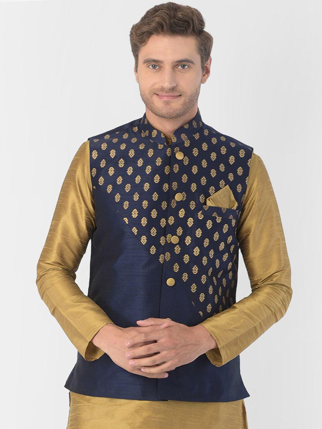 deyann-plus-men-navy-blue-&-gold-coloured-woven-design-nehru-jacket