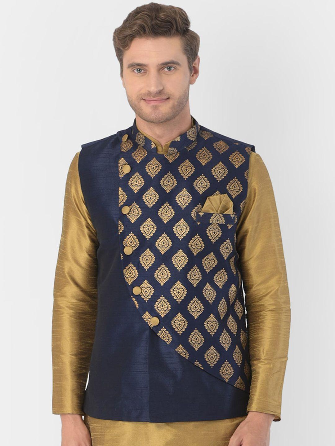 deyann-plus-men-navy-blue-&-gold-coloured-printed-woven-nehru-jacket