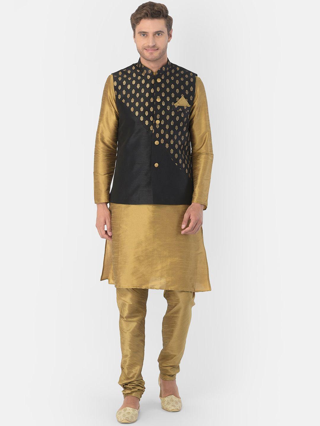 deyann-men-black-&-gold-toned-solid-kurta-with-churidar-&-nehru-jacket