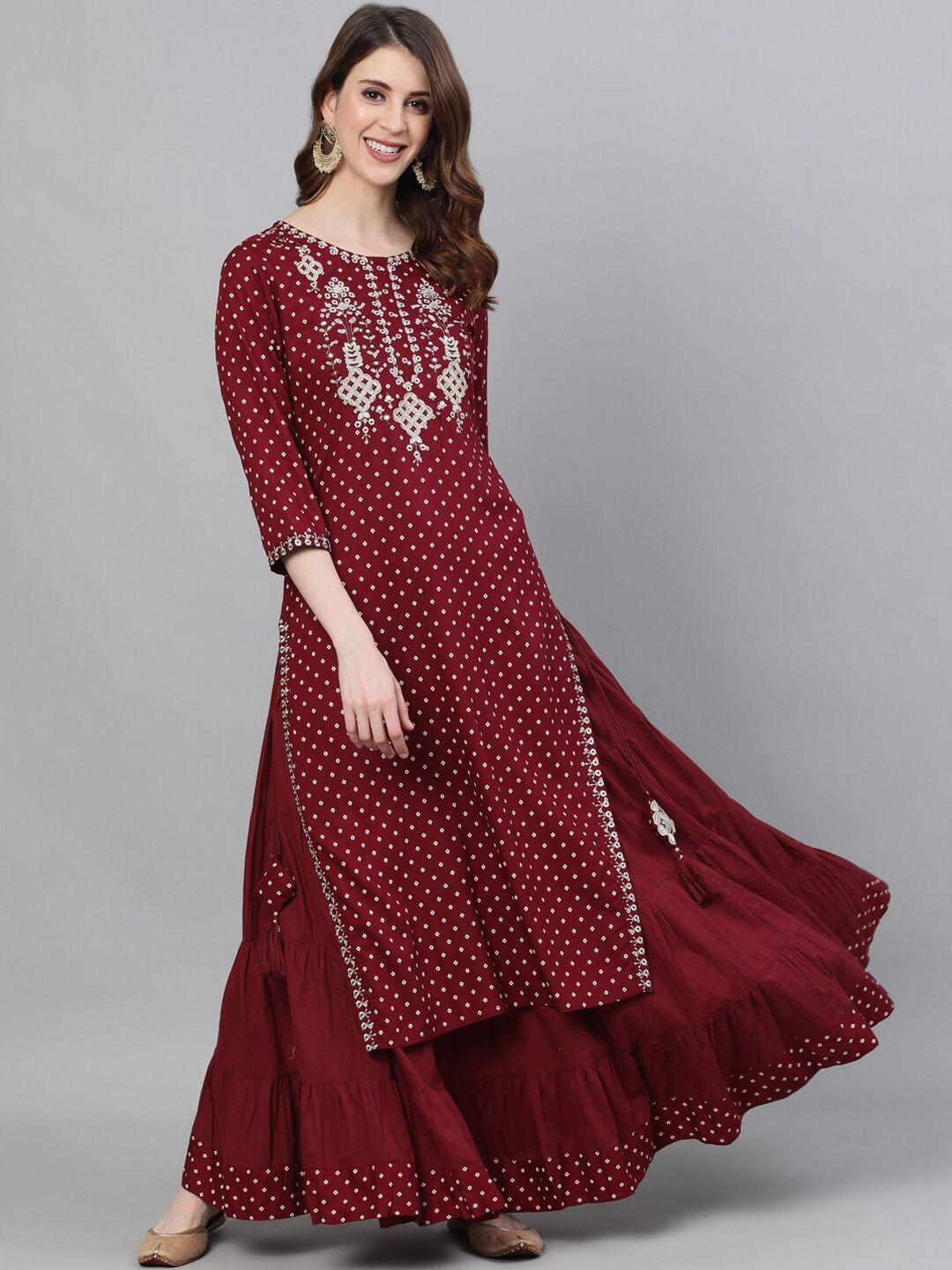 ishin-women-maroon-yoke-embroidered-straight-kurta-skirt-set
