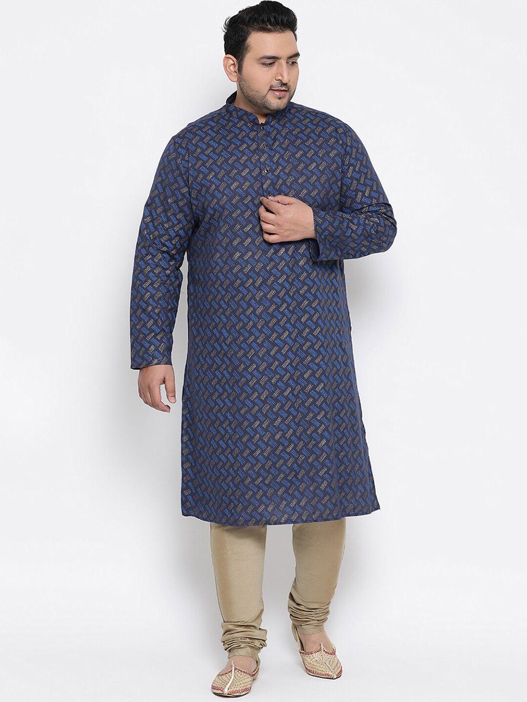 kisah-plus-men-plus-size-navy-blue-&-gold-toned-printed-kurta-with-churidar