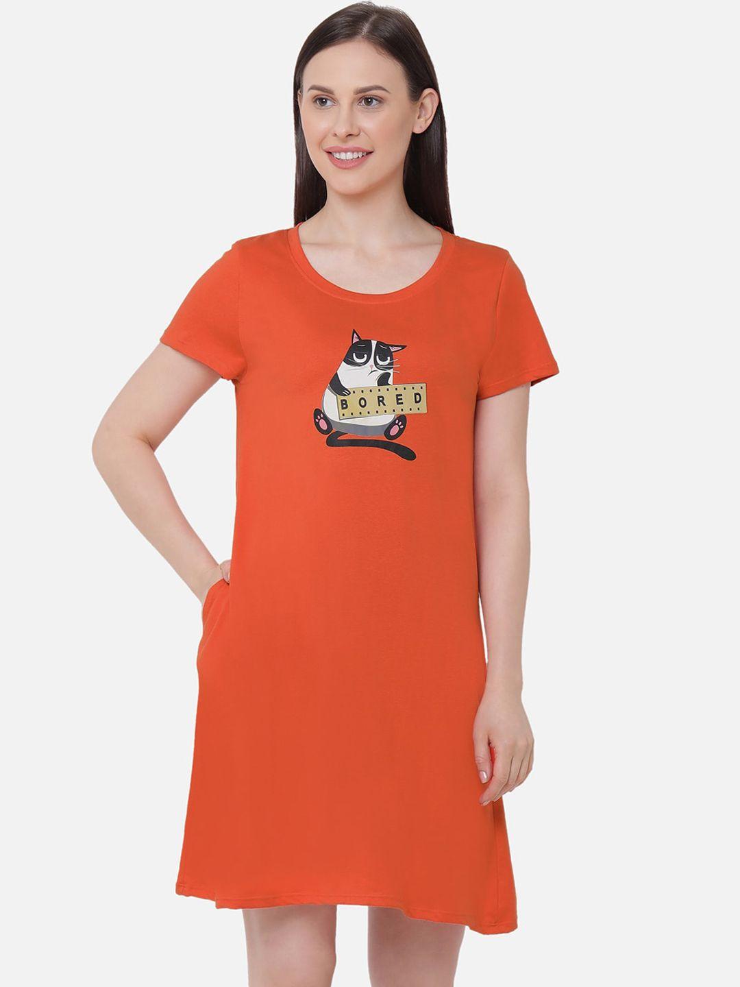 soie-women-orange-&-black-cotton-printed-sleep-shirt