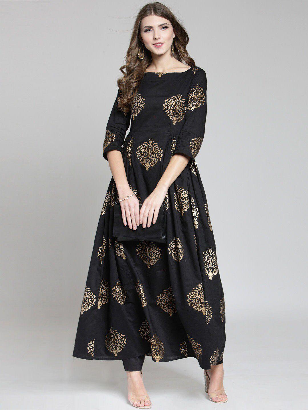 sera-women-black-floral-printed-pleated-a-line-pure-cotton-kurti-&-palazzos