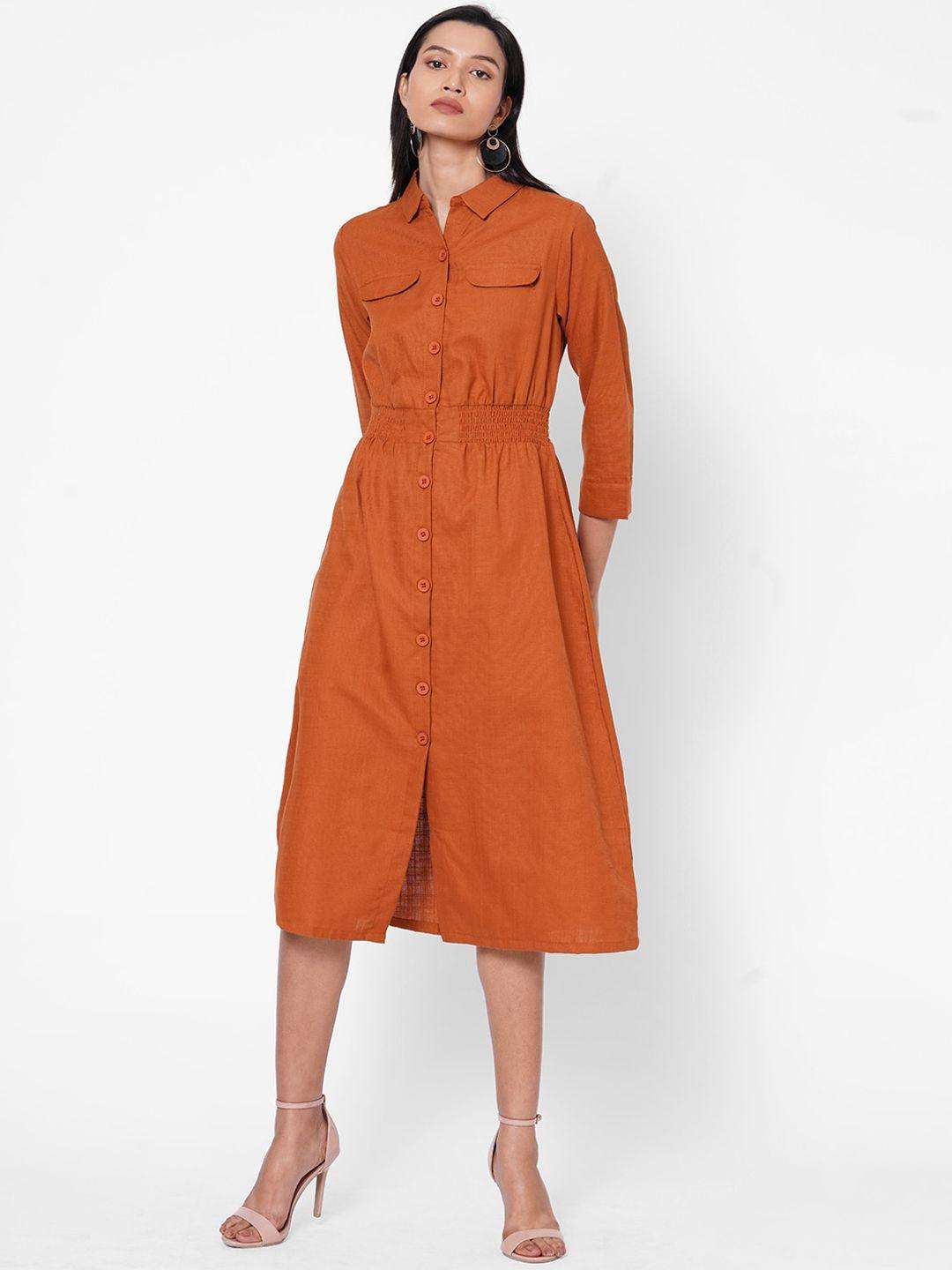 109f-orange-smocked-shirt-midi-dress