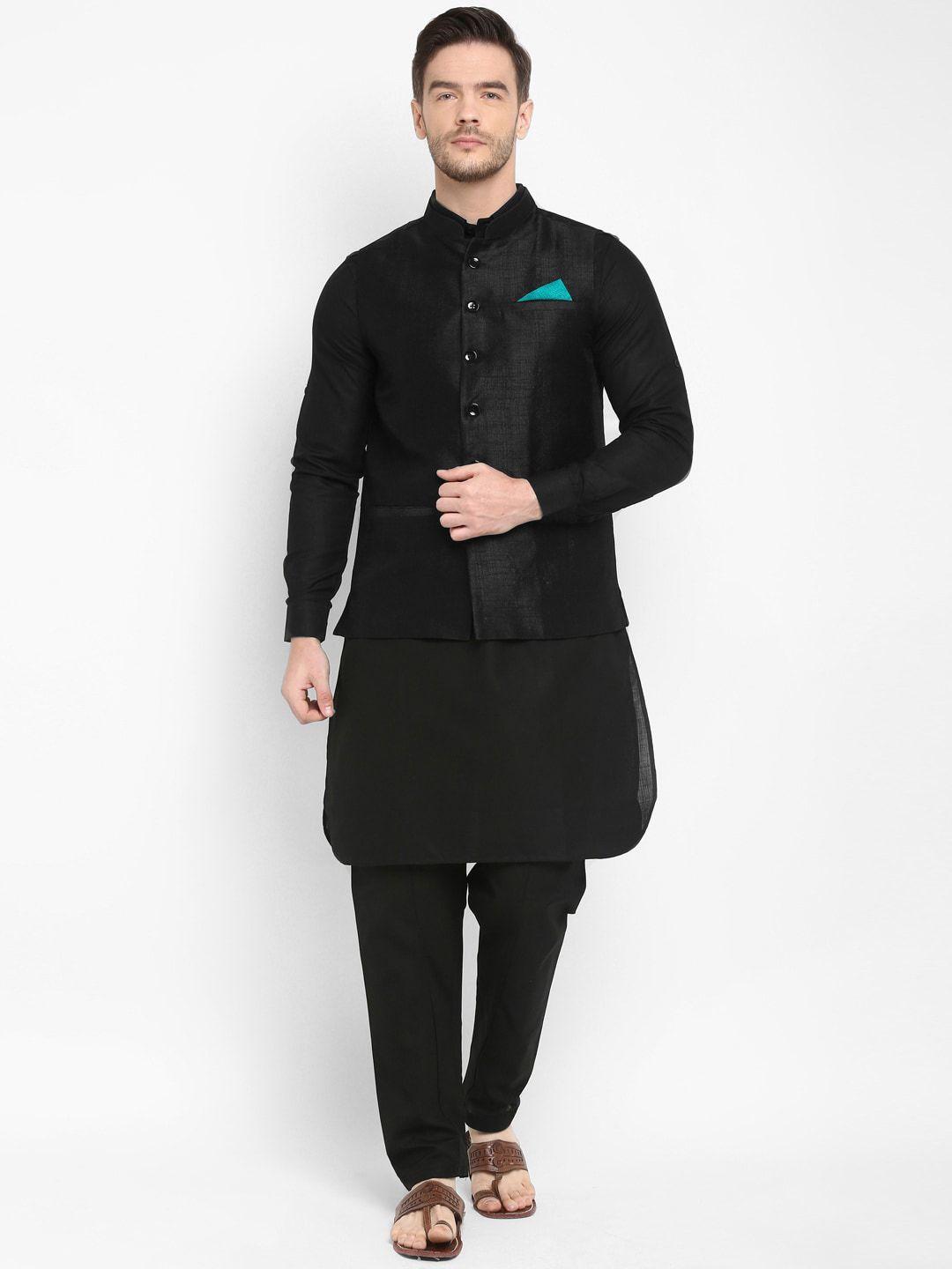 hangup-men-black-solid-kurta-with-patiala-&-waistcoat