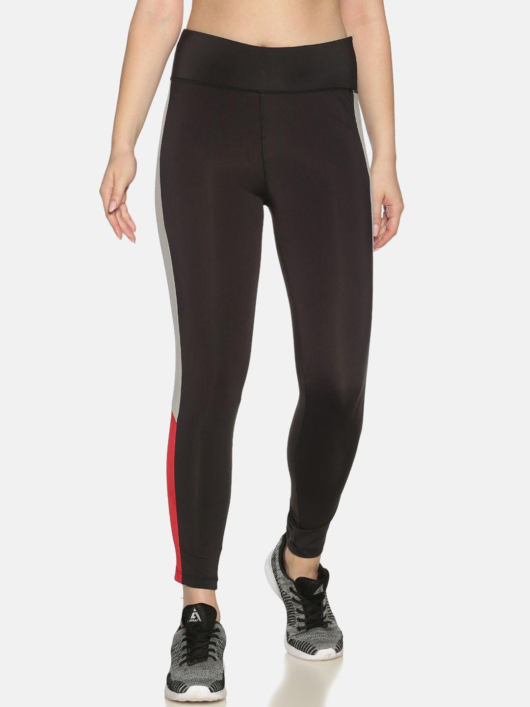 campus-sutra-women-black-&-grey-colourblocked-sports-dry-fit-tights-with-side-stripe