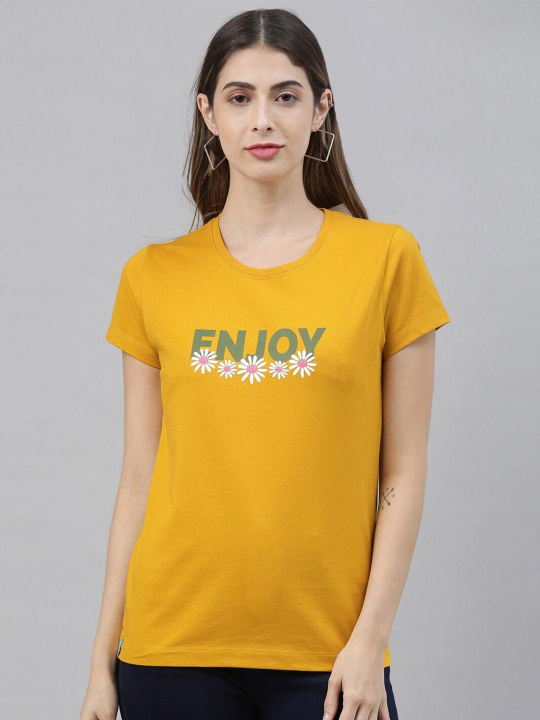 3pin-women-mustard-yellow-printed-round-neck-t-shirt
