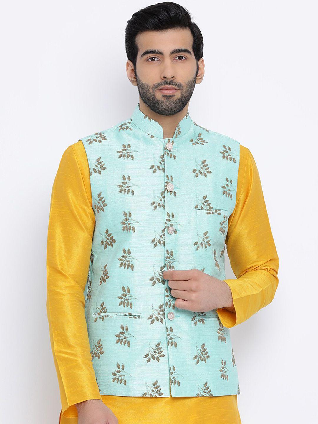 namaskar-men-sea-green-embellished-regular-fit-pure-silk-nehru-jacket