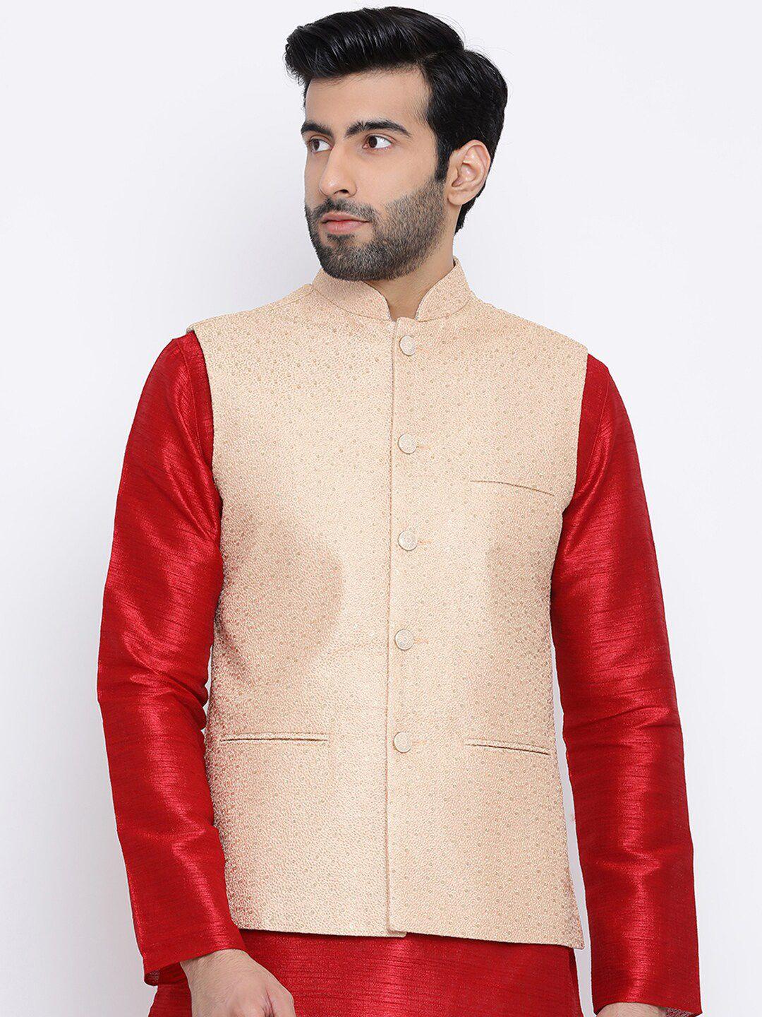 namaskar-men-peach-coloured-woven-design-regular-fit-pure-silk-nehru-jacket