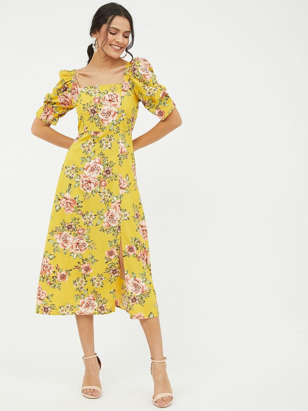 harpa-women-mustard-yellow-&-beige-floral-printed-a-line-midi-dress