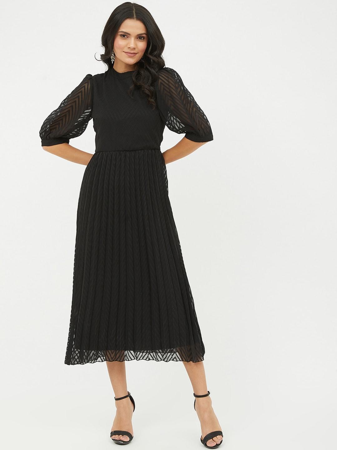 harpa-women-black-self-design-fit-&-flare-casual-midi-dress