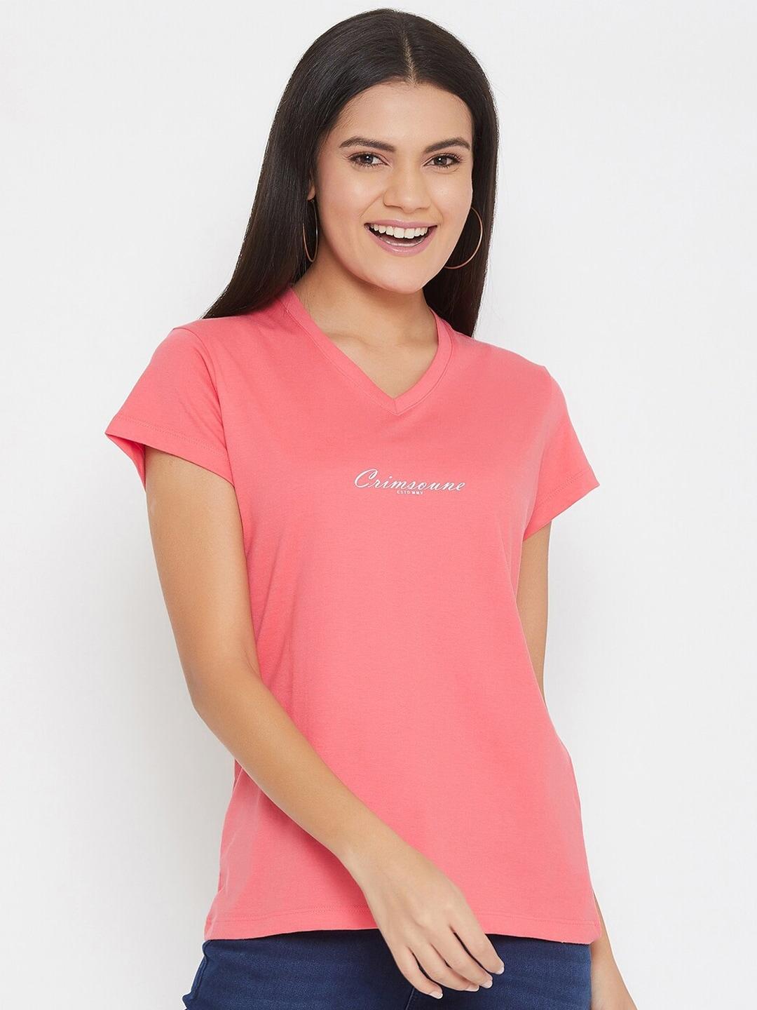 crimsoune-club-women-pink-typography-printed-v-neck-slim-fit-t-shirt
