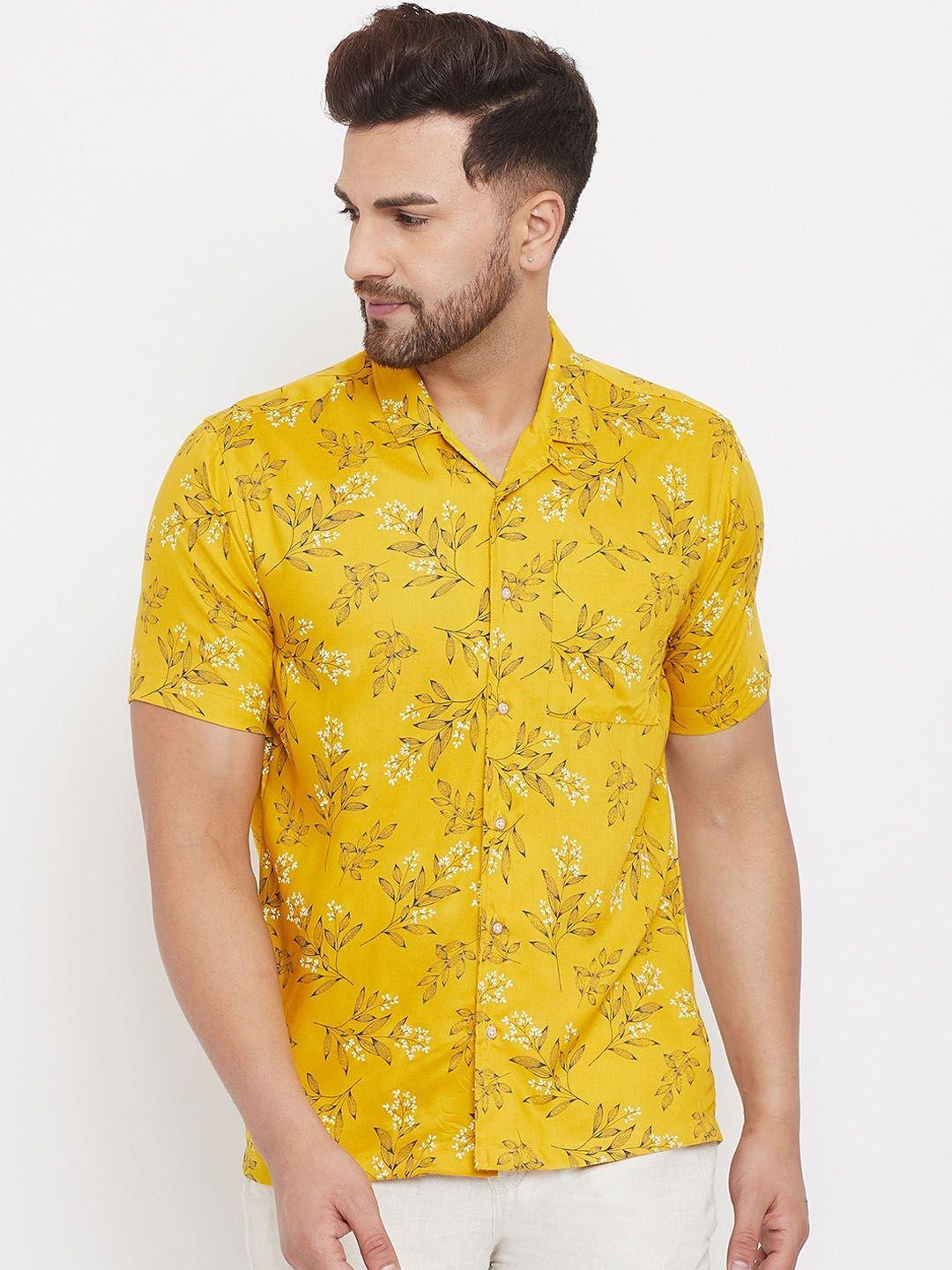 even-men-yellow-floral-cuban-collar-slim-fit-casual-shirt
