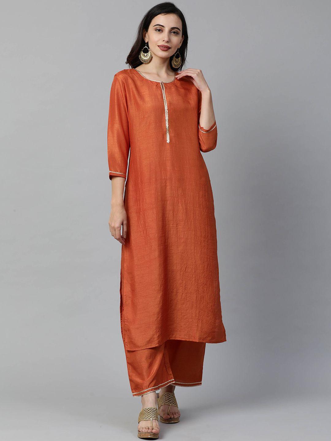indo-era-women-orange-pleated-kurta-with-trousers