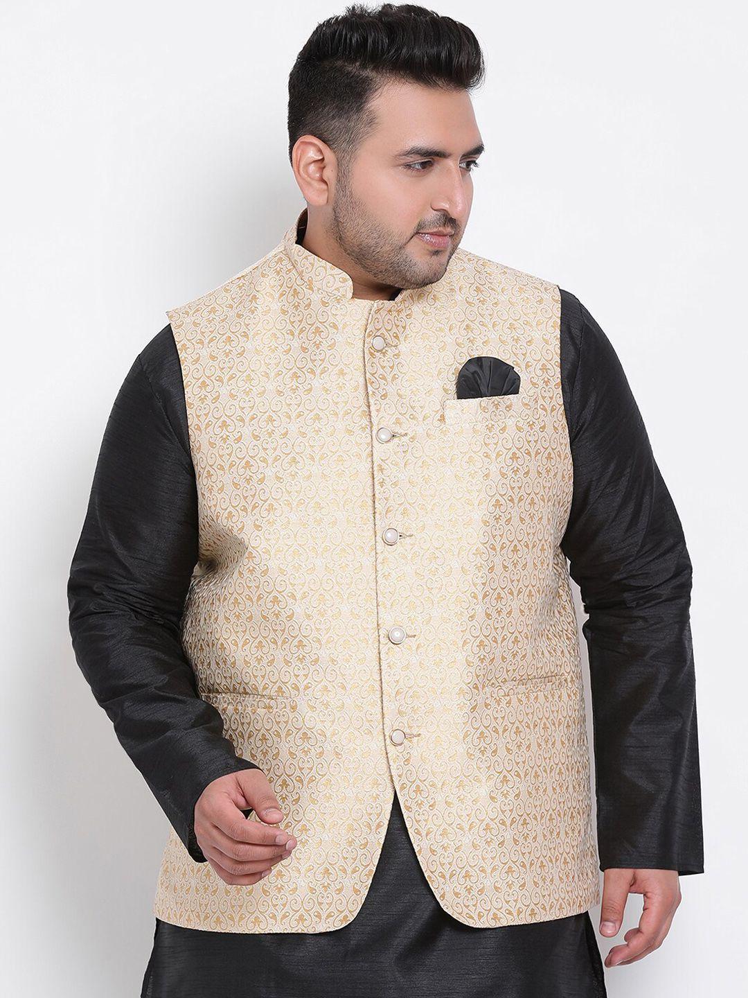 hangup-men-cream-colored-&-gold-colored-woven-design-nehru-jacket