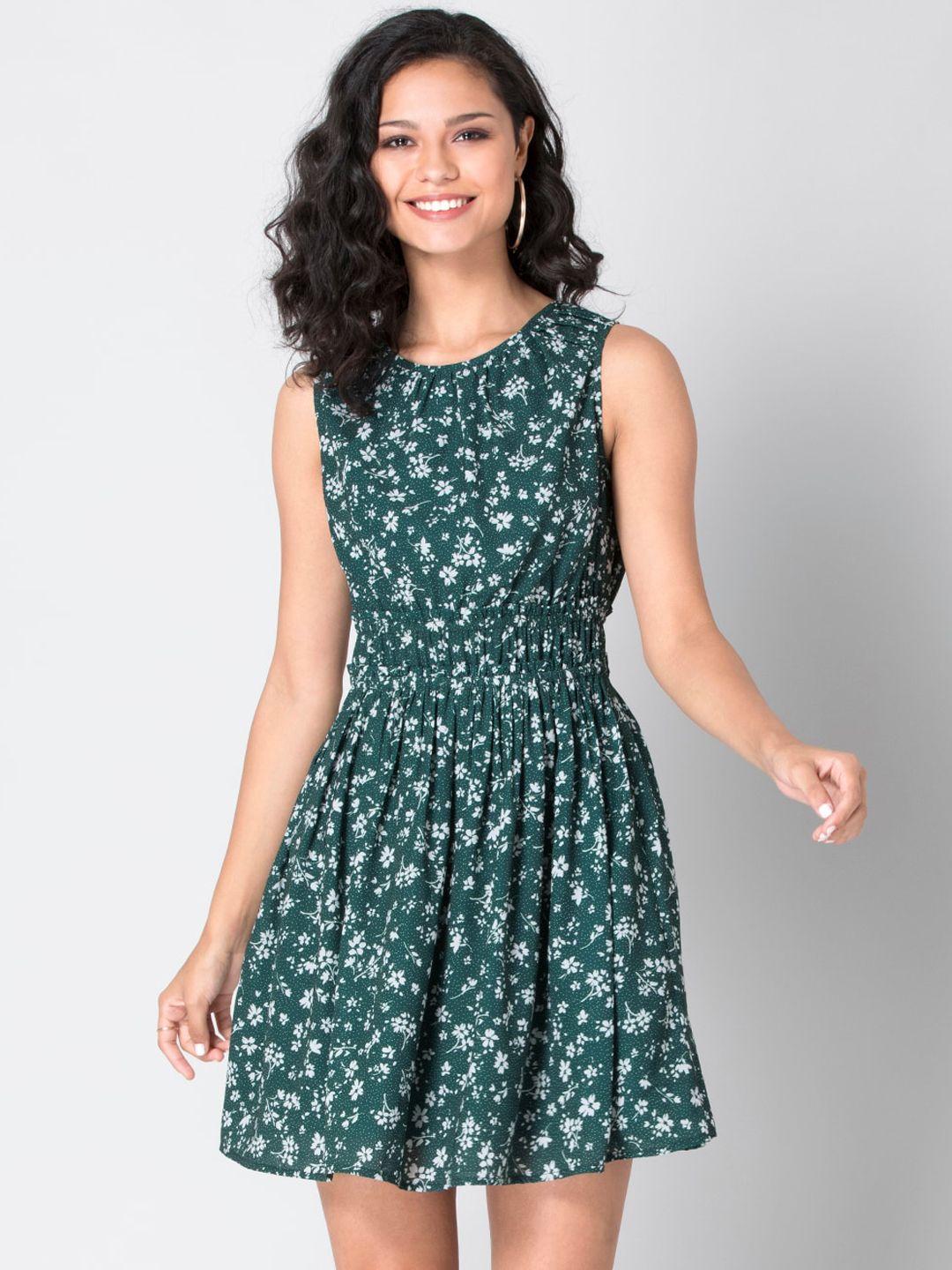 faballey-women-green-&-white-floral-elasticated-waist-fit-and-flare-dress