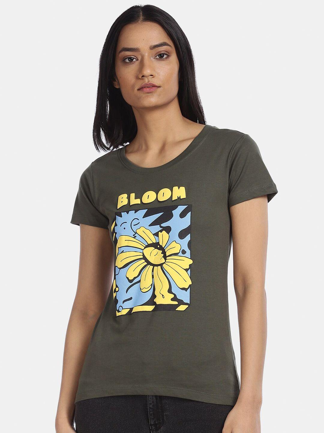 sugr-women-olive-green-&-blue-floral-printed-t-shirt