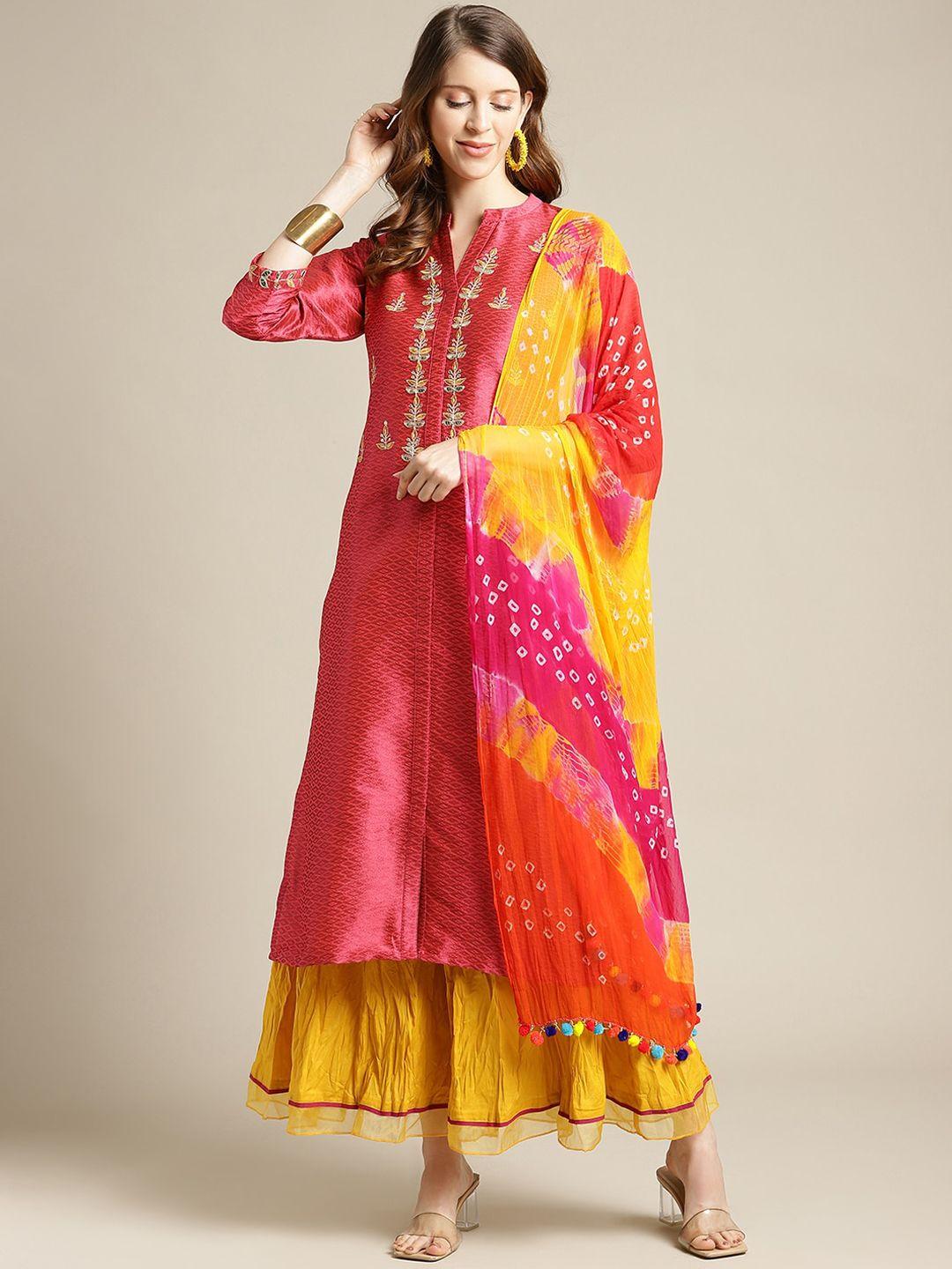 ksut-women-coral-red-&-mustard-yellow-ethnic-motifs-embroidered-kurta-set-with-dupatta