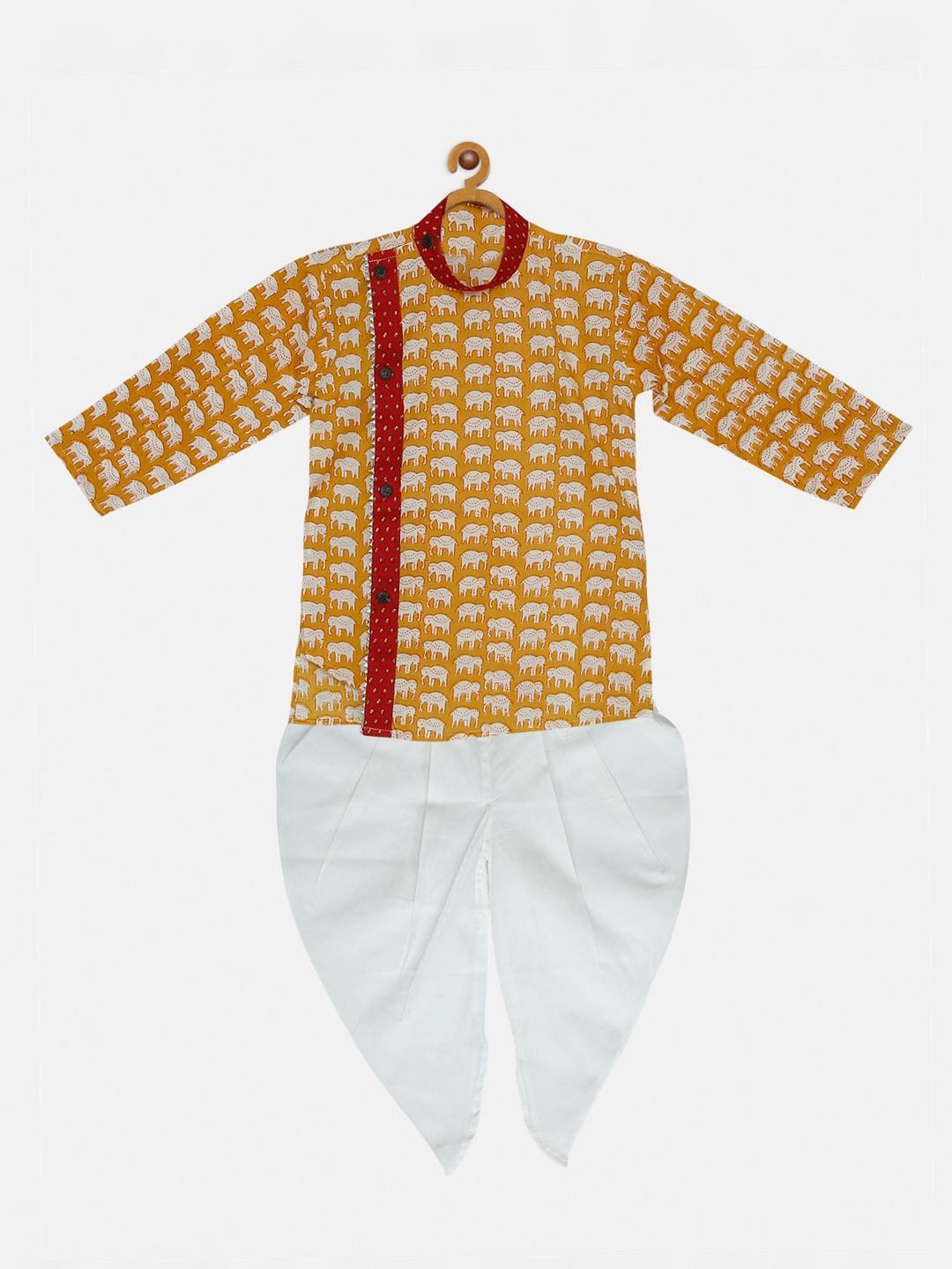 lil-pitaara-boys-yellow-&-white-ethnic-motifs-angrakha-pure-cotton-kurta-with-dhoti-pants