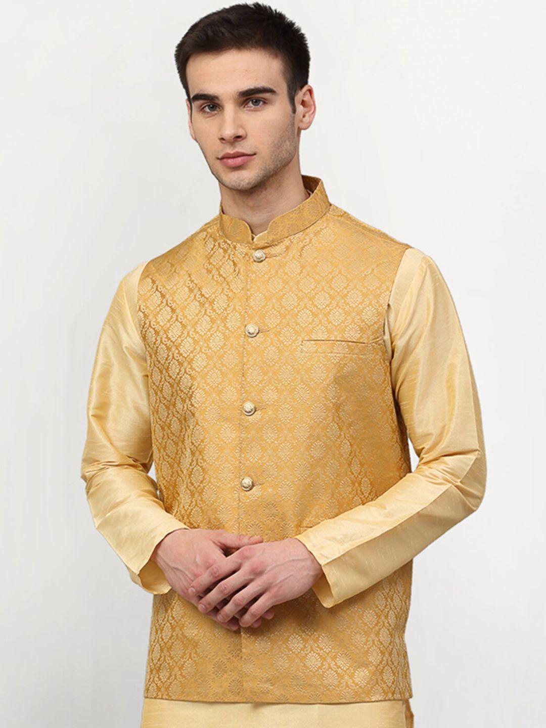 jompers-men-gold-coloured-woven-design-nehru-jacket