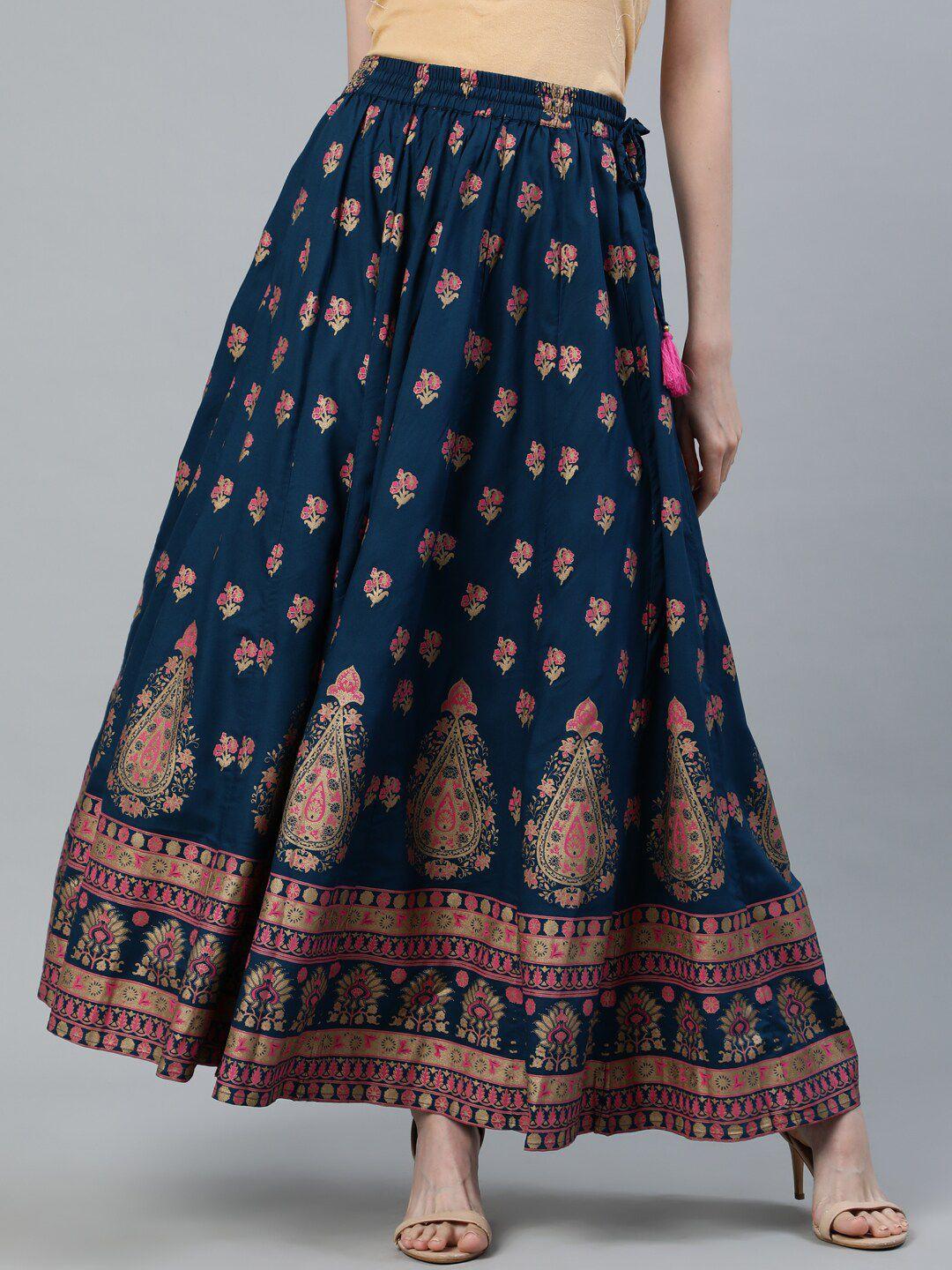 jaipur-kurti-teal-blue-&-pink-printed-flared-maxi-skirt