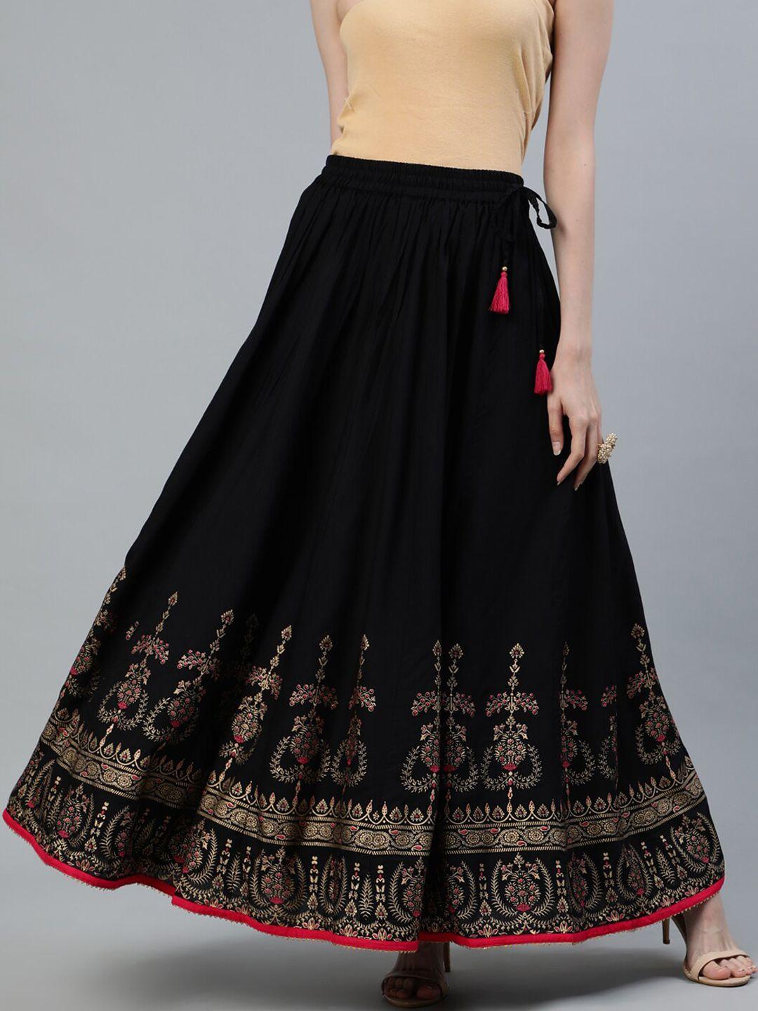 jaipur-kurti-women-black-&-gold-toned-printed-flared-maxi-skirt