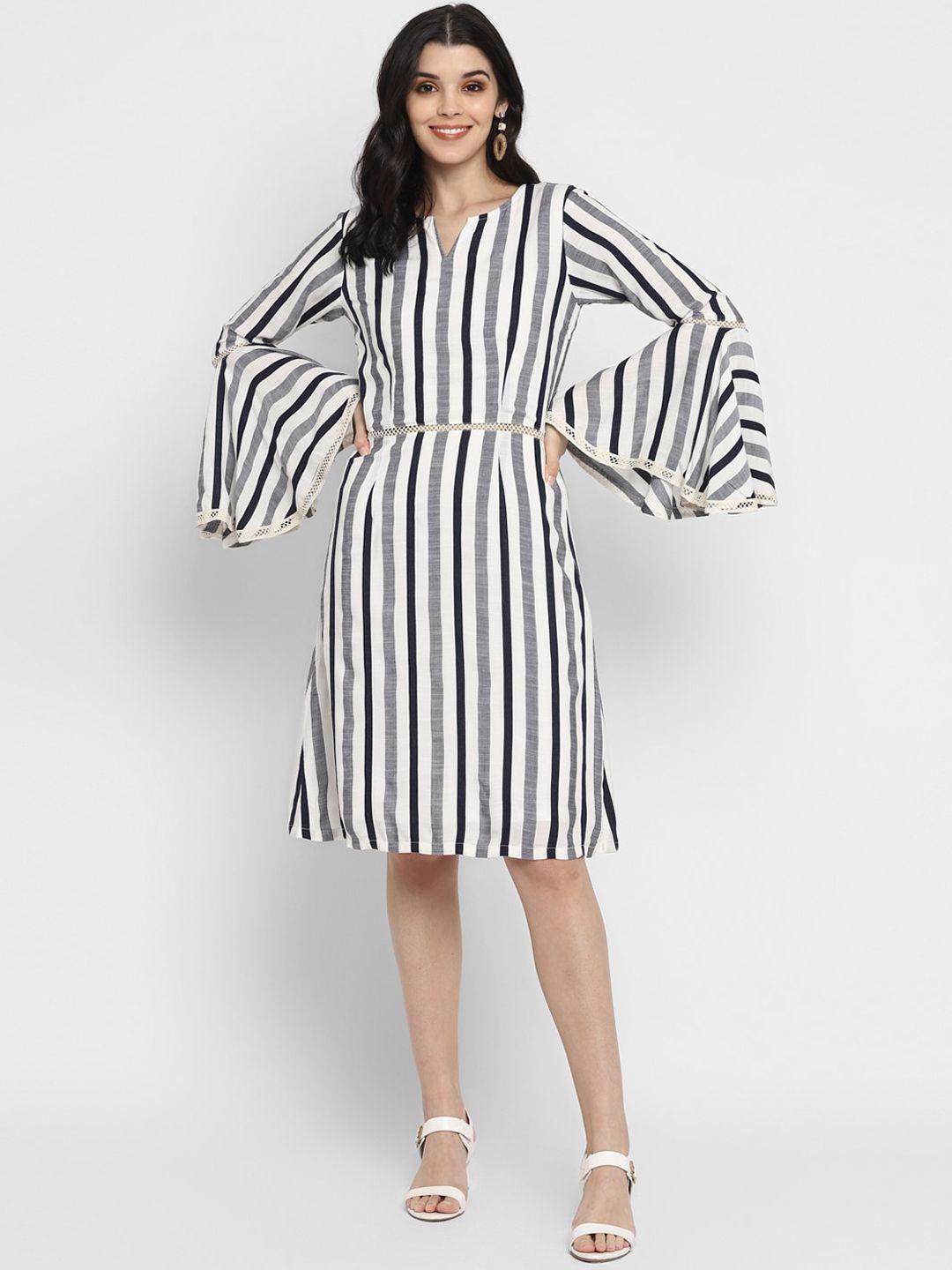 deebaco-navy-blue-striped-bell-sleeved-dress-with-lace