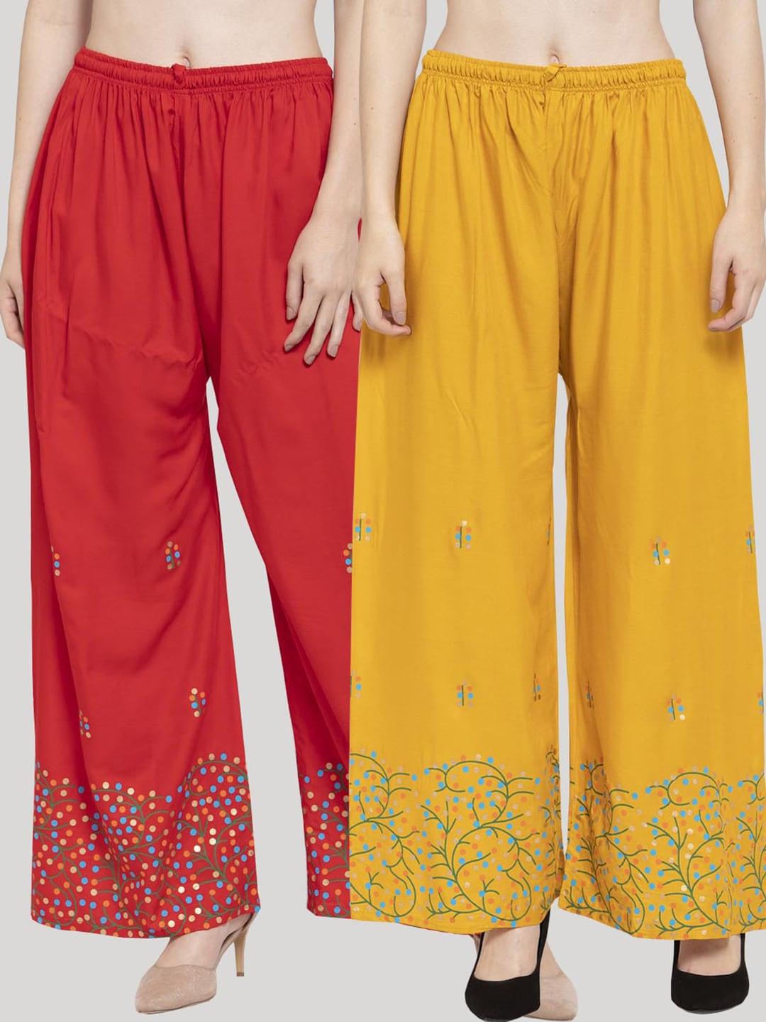 clora-creation-women-pack-of-2-red-&-mustard-printed-knitted-palazzos
