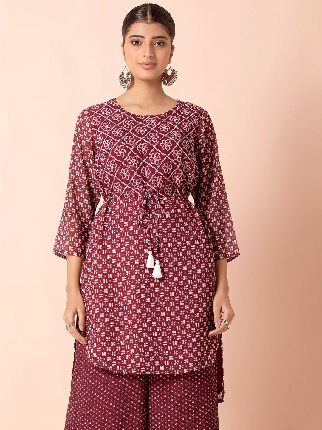 indya-women-maroon-bandhani-drawstring-high-low-short-tunic