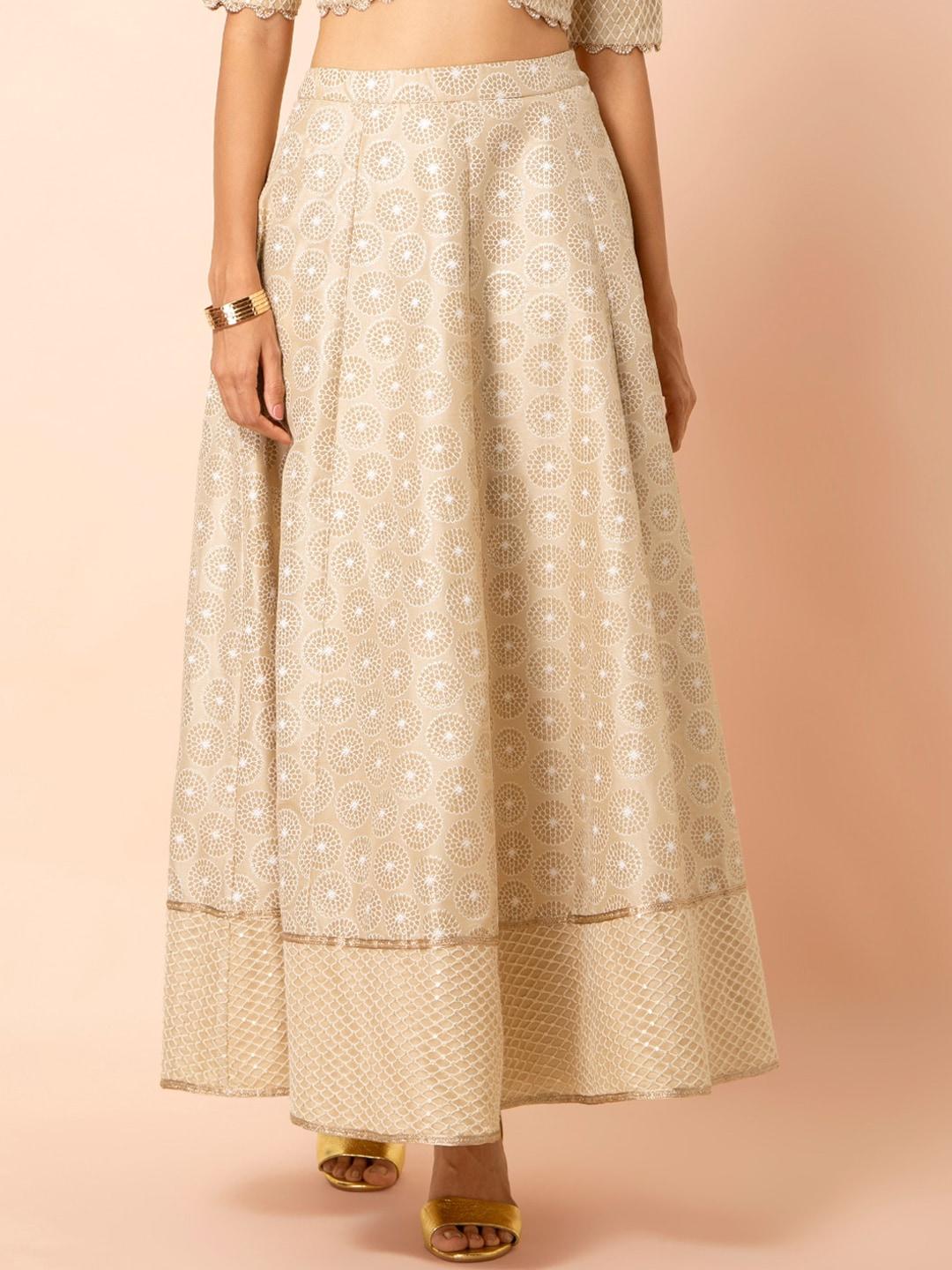 indya-women-beige-printed-embroidered-border-maxi-skirt