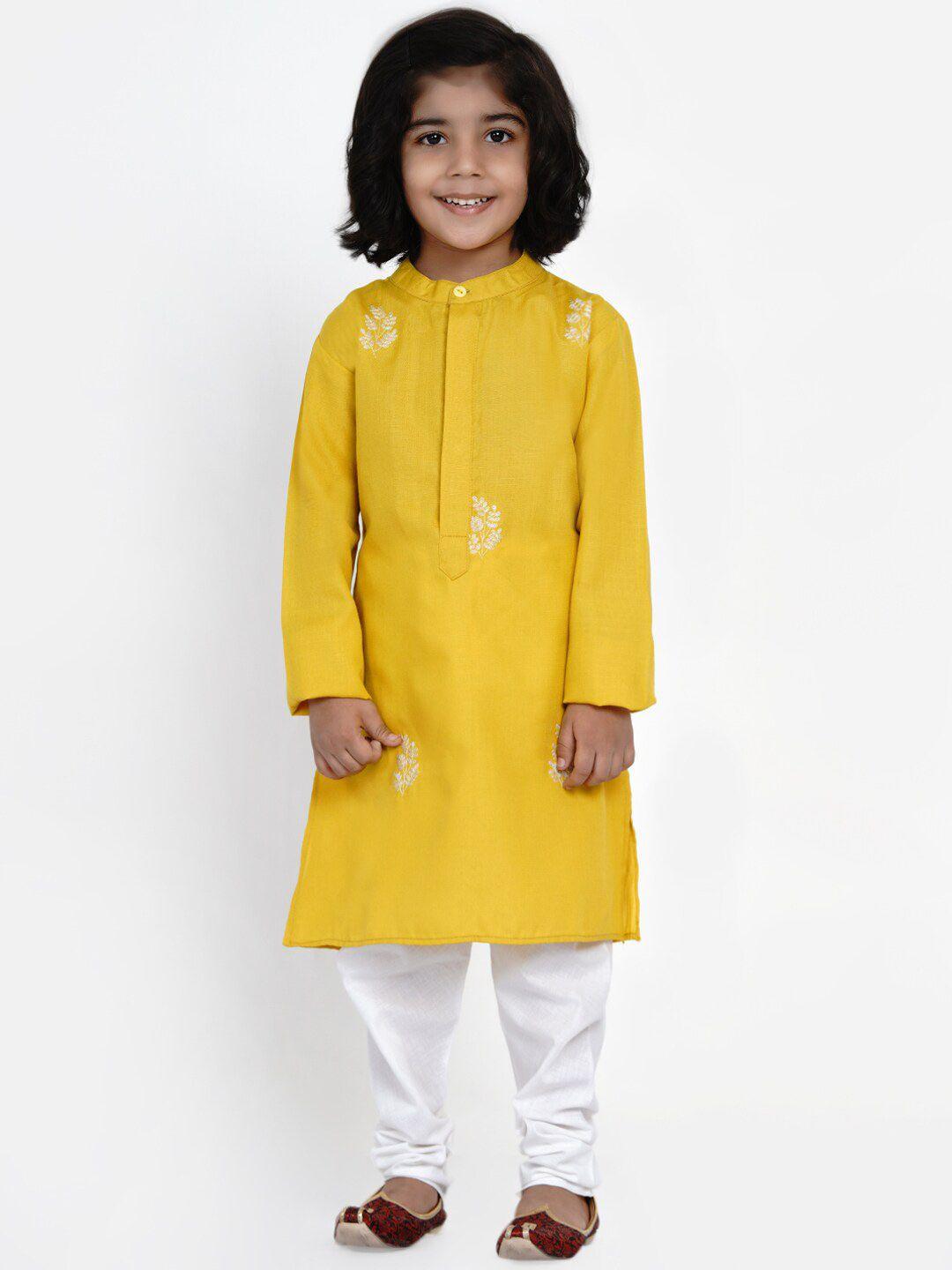 bittu-by-bhama-boys-mustard-yellow-floral-embroidered-kurta-with-pyjamas