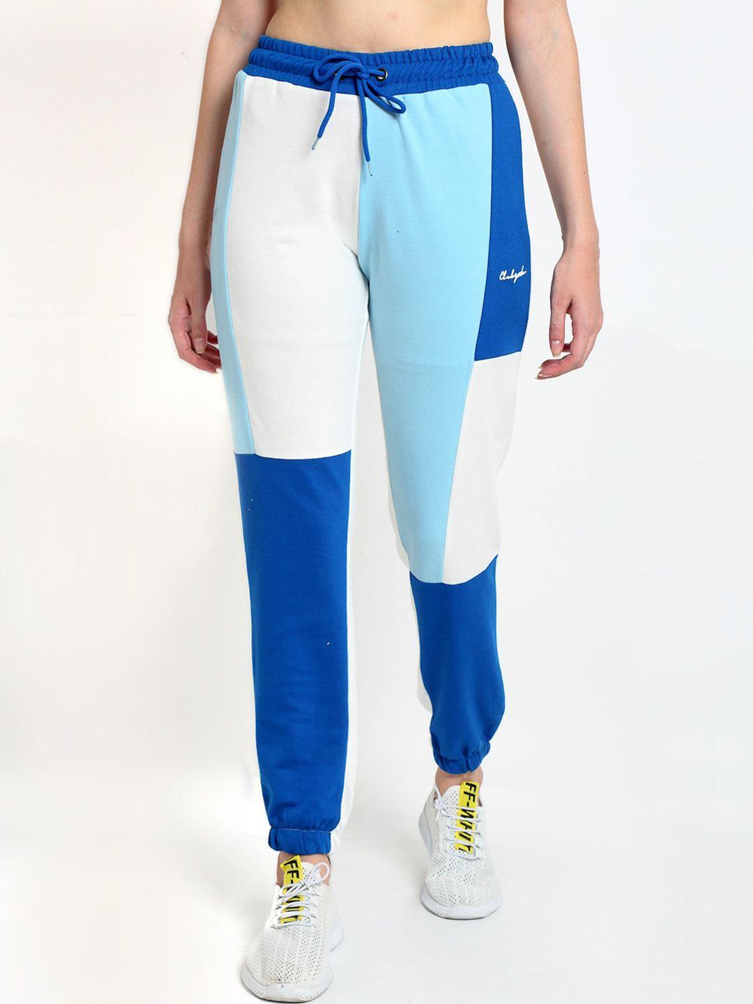 club-york-women-white-&-blue-colourblocked-straight-fit-joggers