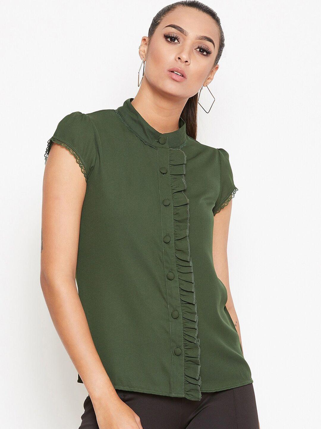 la-zoire-women-olive-green-frills-detailing-casual-shirt