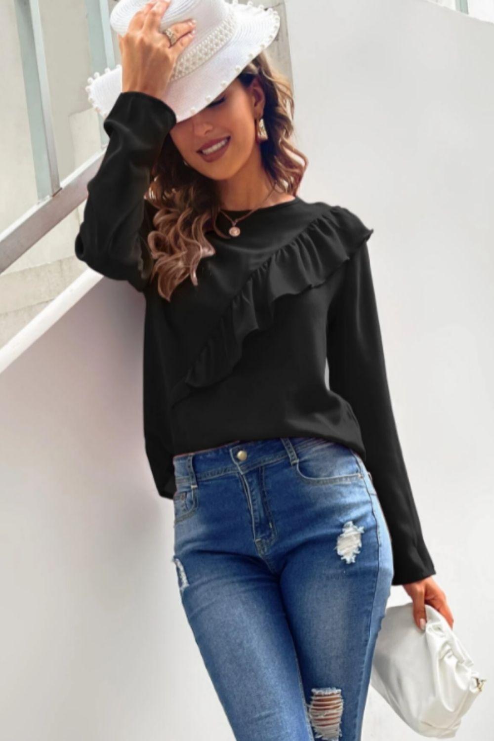 ruffle-front-full-sleeves-black-top