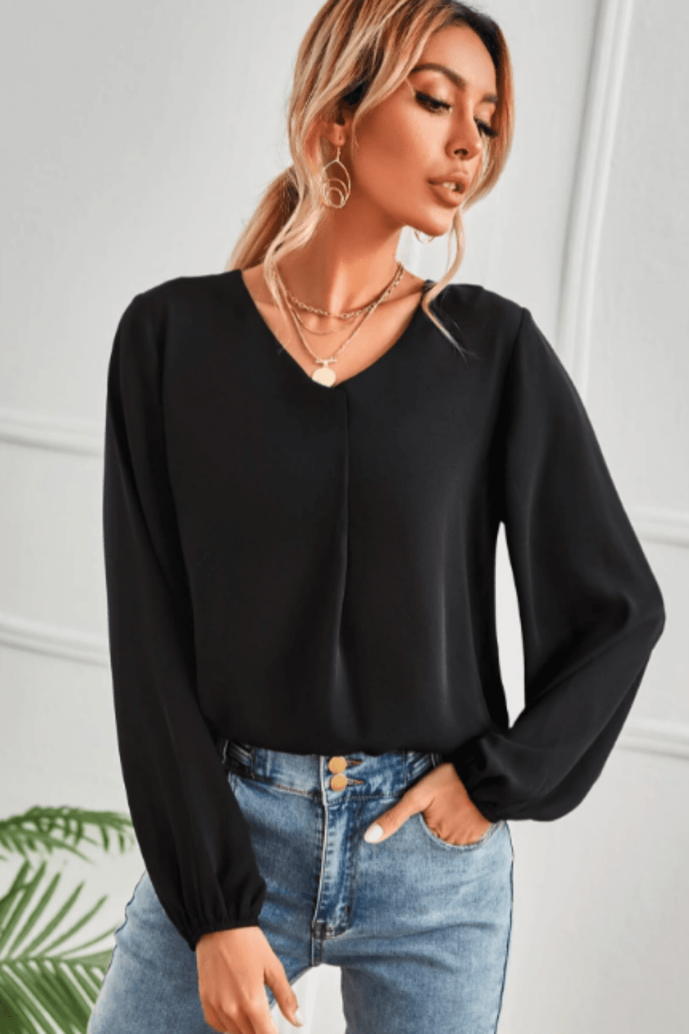 v-neck-full-sleeve-black-solid-blouse
