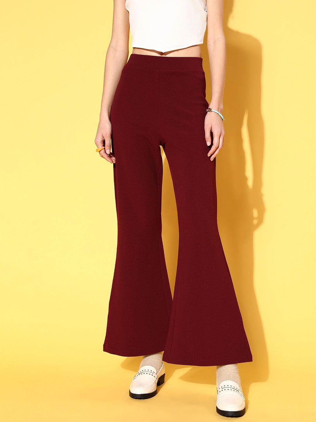 berrylush-women-solid-maroon-high-rise-waist-slip-on-flared-regular-trousers