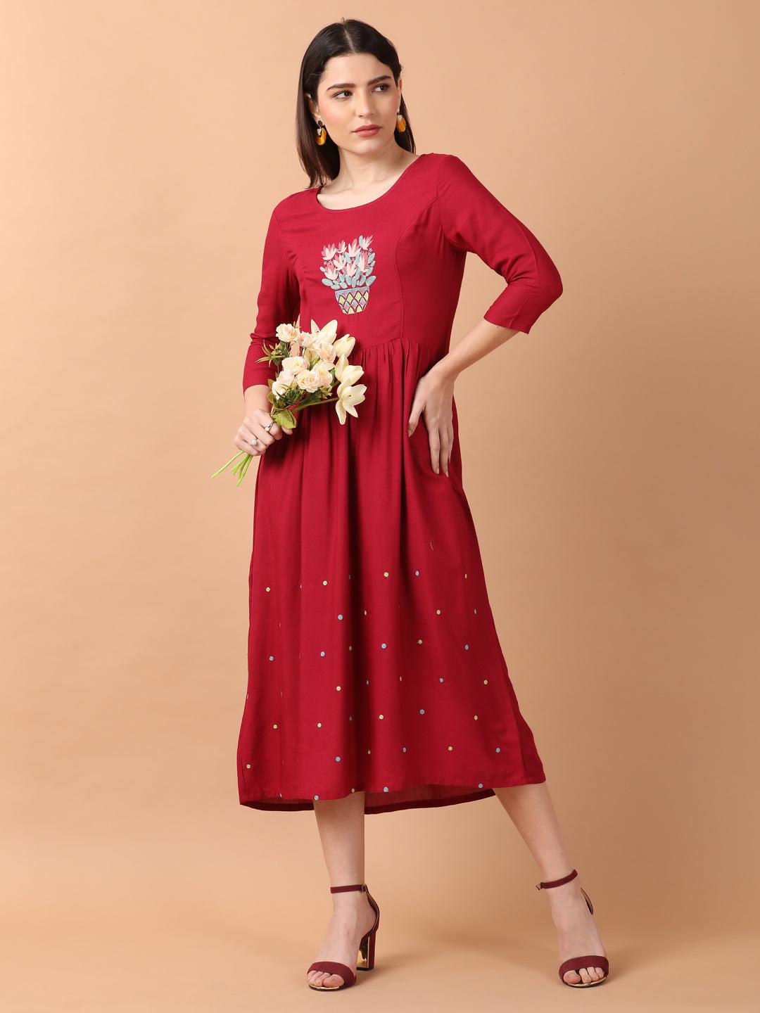 maroon-gathered-dress-with-embroidered-yoke
