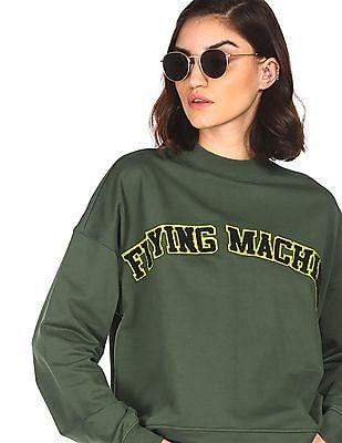 women-green-round-neck-brand-appliqued-sweatshirt